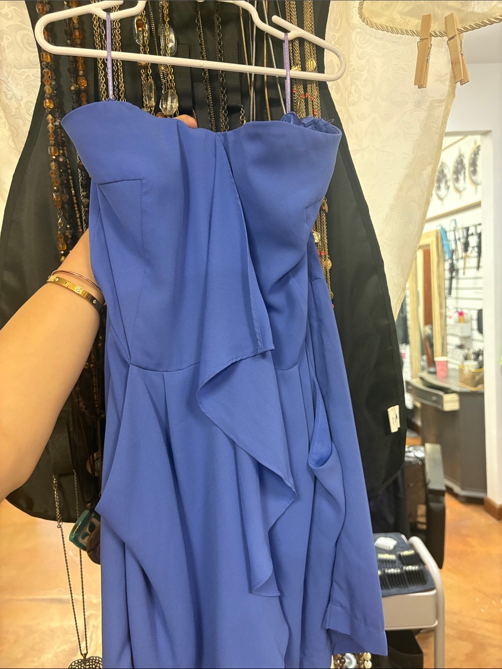 Express Strapless Ruffle Cascade Dress in Periwinkle